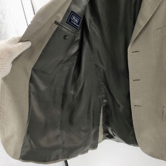 Polo Ralph Lauren Mens Blazer Tan Silk 3 Button Check Made in Italy Sz 44 Long - Picture 10 of 16